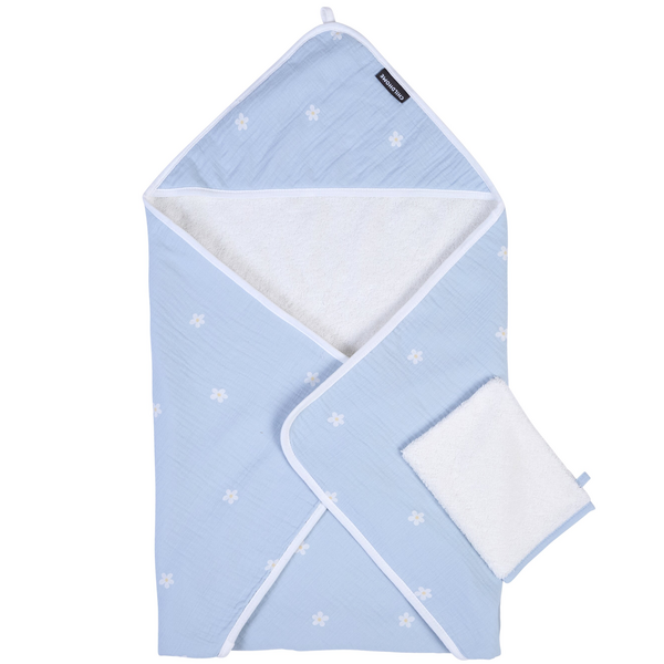 Рушник з капюшоном та рукавичкою Childhome, 80x80 см, flower blue (CCBCMBF) - Pampik