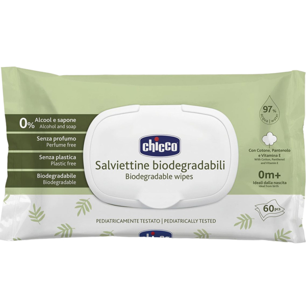 Дитячі вологі серветки Chicco з пантенолом біорозкладні, 60 шт. - Pampik