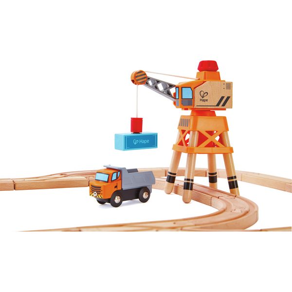 Набір для іграшкової залізниці Hape Підйомний кран та вантажівка (E3715) - Pampik - 3