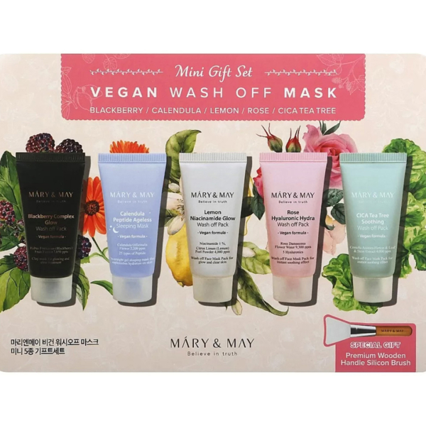 Набір глиняних масок Mary&May Vegan Wash off MasK Mini Gift Set 5 шт. по 30 г + щітка (BT20411) - Pampik