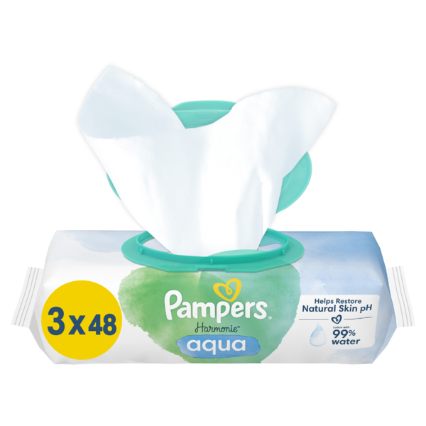 Дитячі вологі серветки Pampers Harmonie Aqua, 144 шт. (3 уп. по 48 шт.) - Pampik