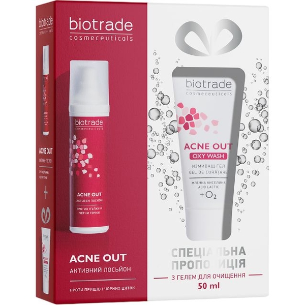 Набір для жирної та проблемної шкіри Biotrade Acne Out: Активний антибактеріальний лосьйон 60 мл + Ніжний кисневий гель 50 мл - Pampik