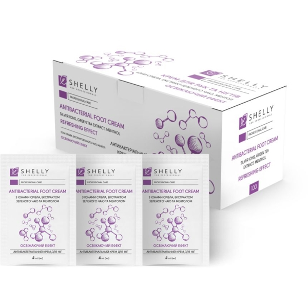 Крем для ніг Shelly антибактеріальний з іонами срібла, екстрактом зеленого чаю і ментолом, 400 мл (4 мл по 100 шт.) - Pampik