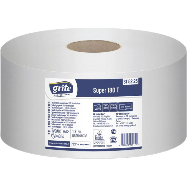 Туалетний папір Grite Super Джамбо 180 двошаровий 12 рулонів (3TGSPR1212) - Pampik