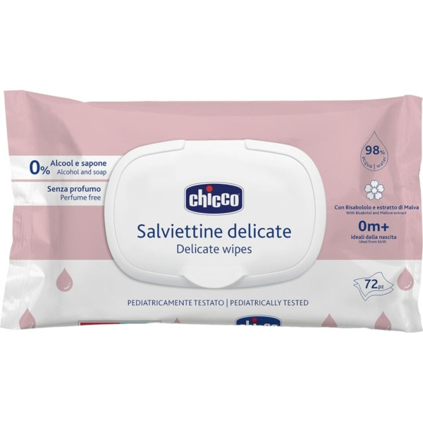 Вологі серветки Chicco з бісабололом та екстрактом мальви, 72 шт. - Pampik