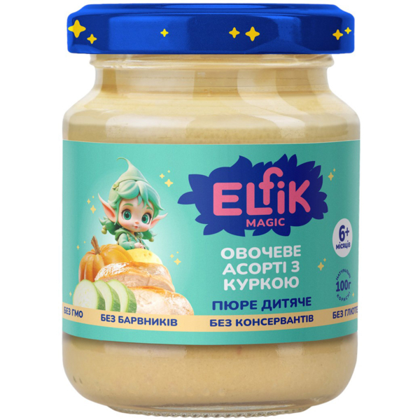 Пюре Elfik Magic Овочеве асорті з куркою, 100 г - Pampik