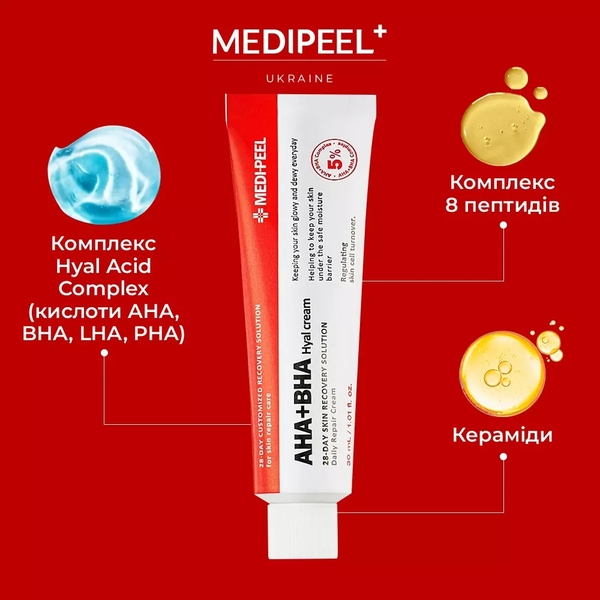 Крем-пілінг для обличчя Medi-Peel AHA BHA 28 Days Hyal Cream відновлювальний з кислотами та пептидами 30 мл - Pampik - 3