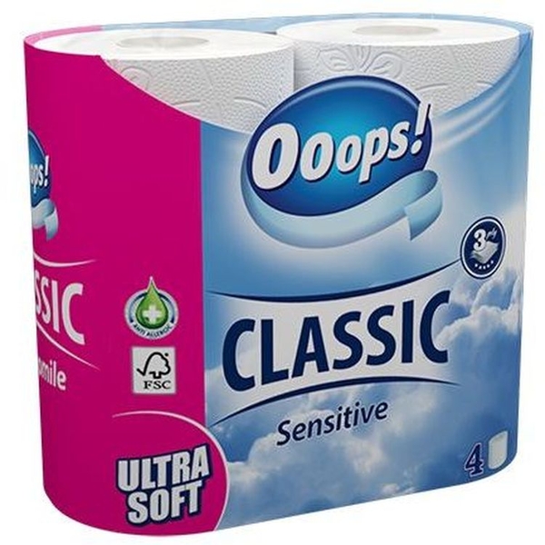 Туалетная бумага Ooops! Classic Sensitive трехслойная, 4 рулона - Pampik