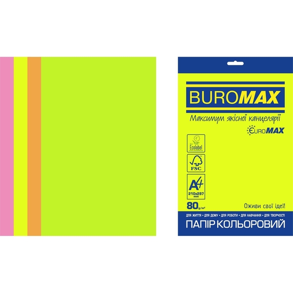 Набор цветной бумаги Buromax Euromax Neon А4 20 листов 4 цвета (BM.2721520E-99) - Pampik
