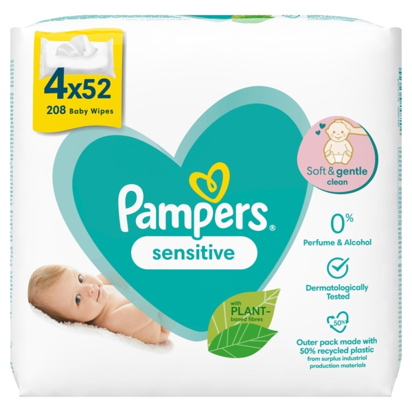Дитячі вологі серветки Pampers Sensitive, 208 шт. (4 упаковки по 52 шт.) - Pampik