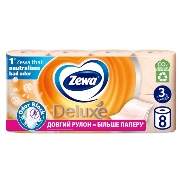 Туалетний папір Zewa Deluxe Персик тришаровий, 8 рулонів - Pampik