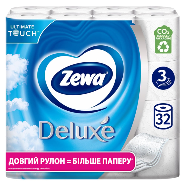 Туалетний папір Zewa Deluxe білий тришаровий, 32 рулони - Pampik