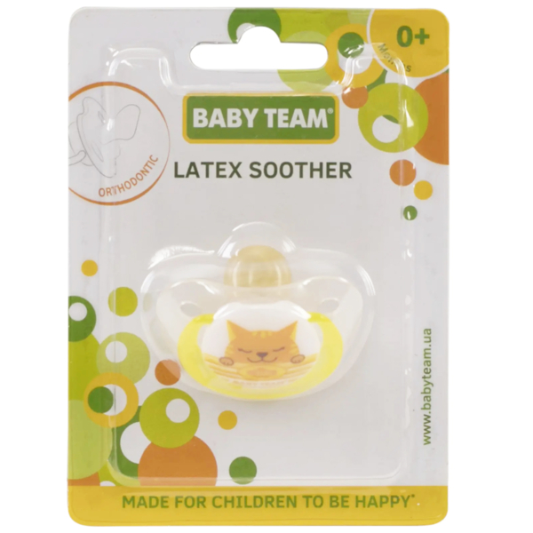 Пустушка латексна Baby Team ортодонтична, 0+ міс., жовтий (3200_кот) - Pampik - 3