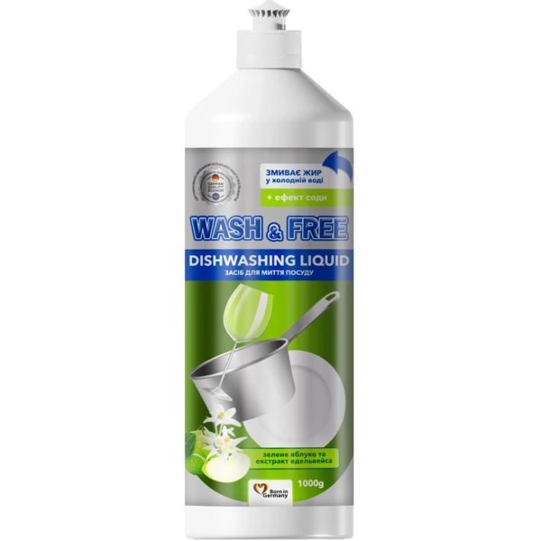 Средство для мытья посуды Wash&Free Зеленое яблоко и экстракт эдельвейса, 1000 мл - Pampik
