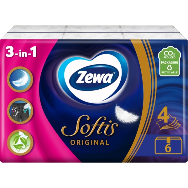 Носові хустки Zewa Softis Original чотиришарові, 6 уп. по 9 шт. - Pampik