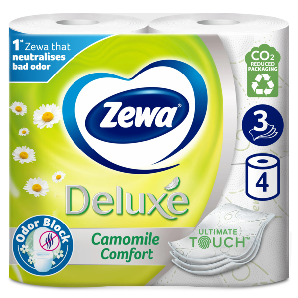 Тришаровий туалетний папір Zewa Deluxe Camomile Comfort Ромашка, 4 рулони - Pampik