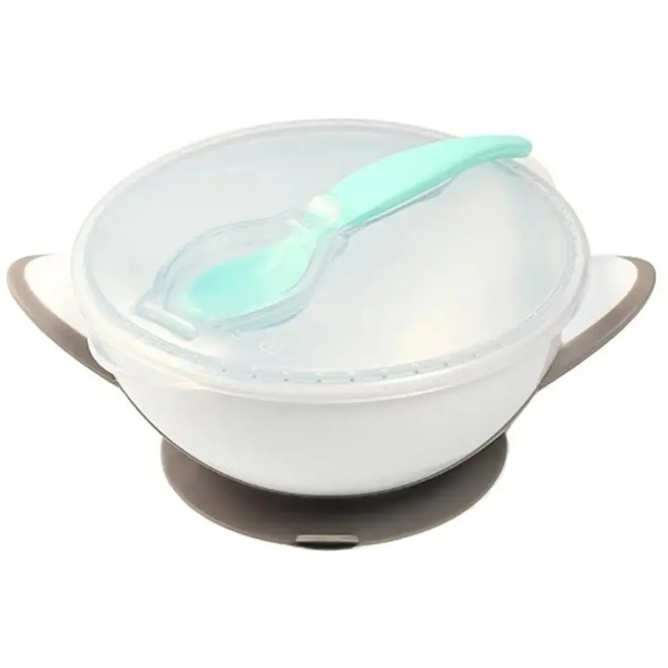 Тарілка на присосці BabyOno, з ложечкою, сірий (1063) - Pampik