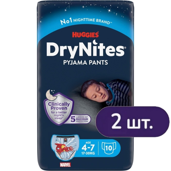 Підгузки-трусики Huggies DryNites 4-7 років (17-30 кг), 20 шт. (2 уп. x 10 шт.) - Pampik