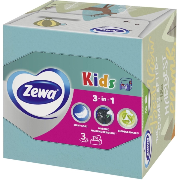 Серветки косметичні Zewa Kids Zoo Cube тришарові, 60 шт. - Pampik
