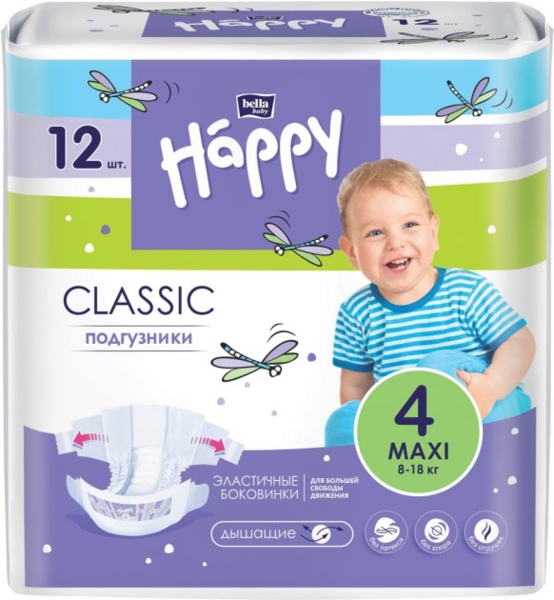 Підгузки на липучках Bella Baby Happy Classic 4 (8-18 кг), 12 шт. - Pampik