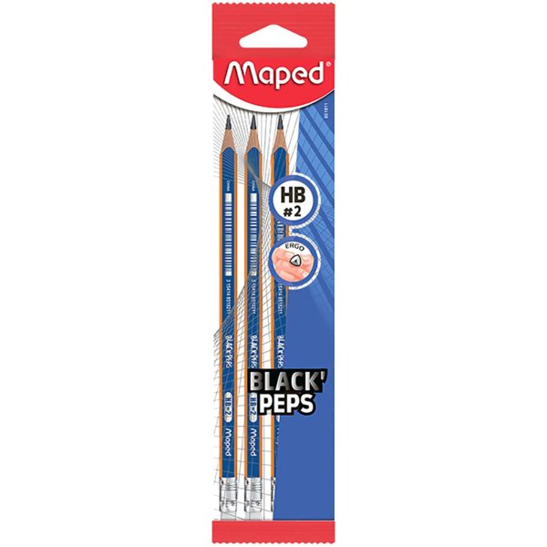 Набір графітових олівців Maped Black з гумкою, 3 шт. (MP.851811) - Pampik