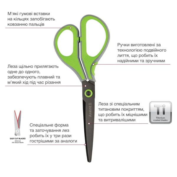 Ножиці Axent Titanium Lite 19 см, салатовий (6406-09-A) - Pampik - 2