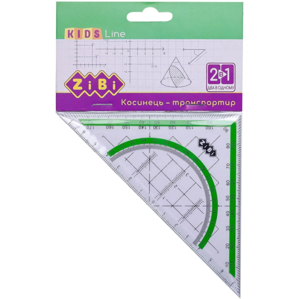 Кутник-транспортир 2 в 1 ZiBi Kids Line 140 мм 90°/45°, з салатовою смужкою (ZB.5623-15) - Pampik