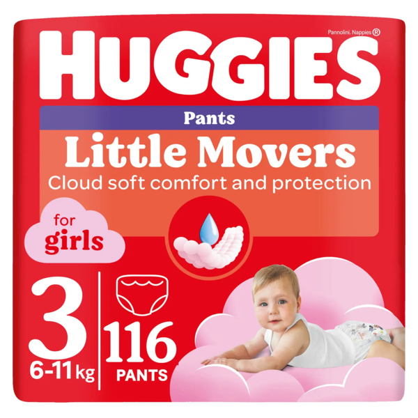 Набір підгузків-трусиків для дівчаток Huggies Little Movers Pants 3 (6-11 кг), 116 шт. (2 уп. по 58 шт.) - Pampik