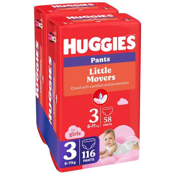 Набір підгузків-трусиків для дівчаток Huggies Little Movers Pants 3 (6-11 кг), 116 шт. (2 уп. по 58 шт.) - Pampik - 3