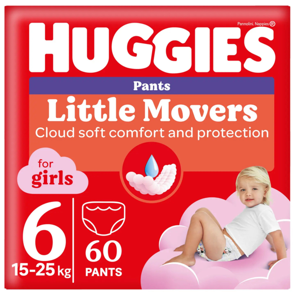 Підгузки-трусики для дівчаток Huggies Little Movers Pants 6 (15-25 кг), 60 шт. - Pampik
