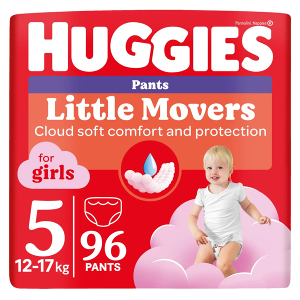Набір підгузків-трусиків для дівчаток Huggies Little Movers Pants 5 (12-17 кг) Mega, 96 шт. (2 уп. по 48 шт.) - Pampik