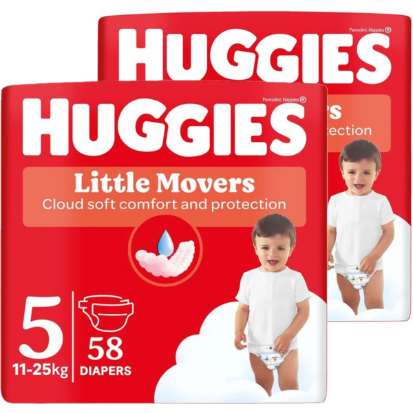 Набір підгузків на липучках Huggies Little Movers 5 (11-25 кг), 116 шт. (2 уп. x 58 шт.) - Pampik