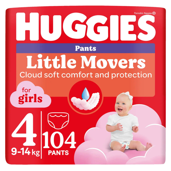 Набір підгузків-трусиків для дівчаток Huggies Little Movers Pants 4 (9-14 кг), 104 шт. (2 уп. по 52 шт.) - Pampik