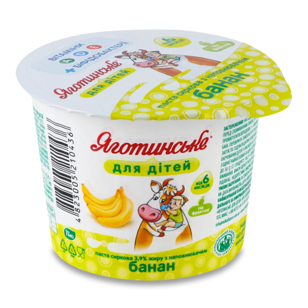 Паста сиркова Яготинське для дітей Банан 3,9%, з вітамінами та біфідобактеріями, 90 г - Pampik