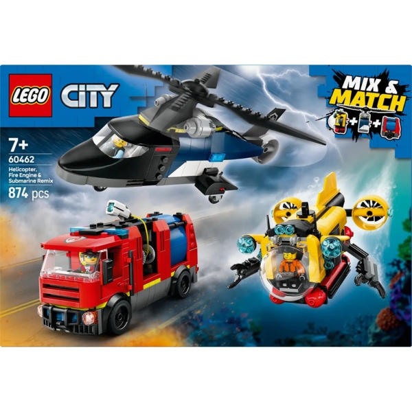Конструктор LEGO City Ремикс вертолетов пожарных машин и подлодок, 874 детали (60462) - Pampik