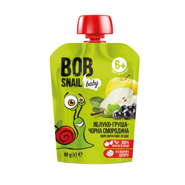 Пюре фруктовое Bob Snail Яблоко-груша-черная смородина, гомогенизированное, 90 г - Pampik