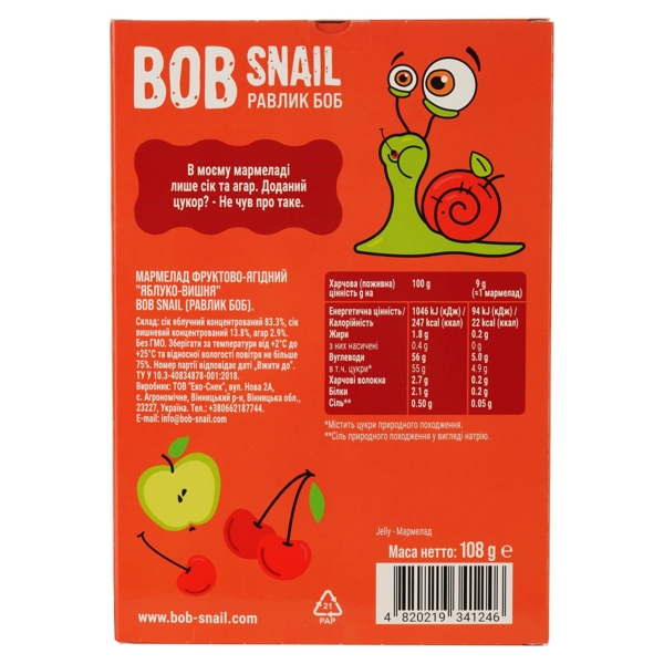 Фруктово-ягодный мармелад Bob Snail Яблоко-Вишня, 108 г - Pampik - 2