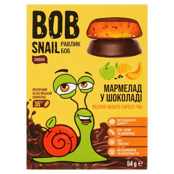 Фруктово-овочевий мармелад Bob Snail Яблуко-Манго-Гарбуз-Чіа в бельгійському молочному шоколаді, 54 г - Pampik