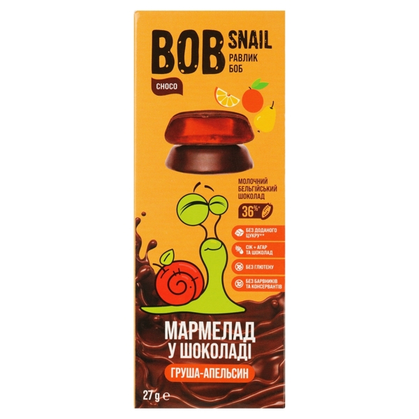 Фруктовий мармелад Bob Snail Груша-Апельсин в бельгійському молочному шоколаді, 27 г - Pampik