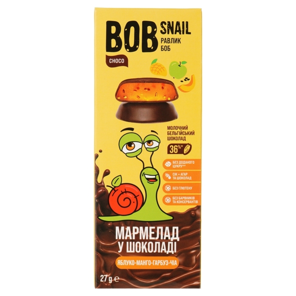 Фруктово-овочевий мармелад Bob Snail Яблуко-Манго-Гарбуз-Чіа в бельгійському молочному шоколаді, 27 г - Pampik