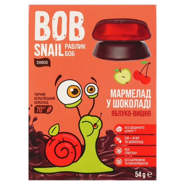 Фруктово-ягідний мармелад Bob Snail Яблуко-Вишня в бельгійському чорному шоколаді, 54 г - Pampik