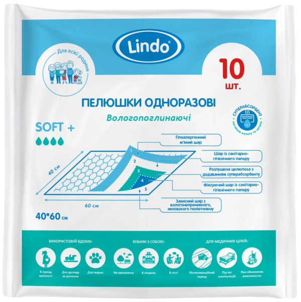 Одноразові гігієнічні пелюшки Lindo, вологопоглинаючі, 40х60 см, 10 шт. (U 51801) - Pampik