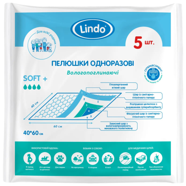Одноразові гігієнічні пелюшки Lindo, вологопоглинаючі, 40х60 см, 5 шт. (U 51800) - Pampik