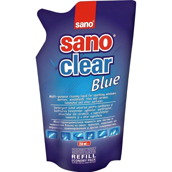 Засіб для миття скла Sano Clear Blue, змінна упаковка, 750 мл - Pampik
