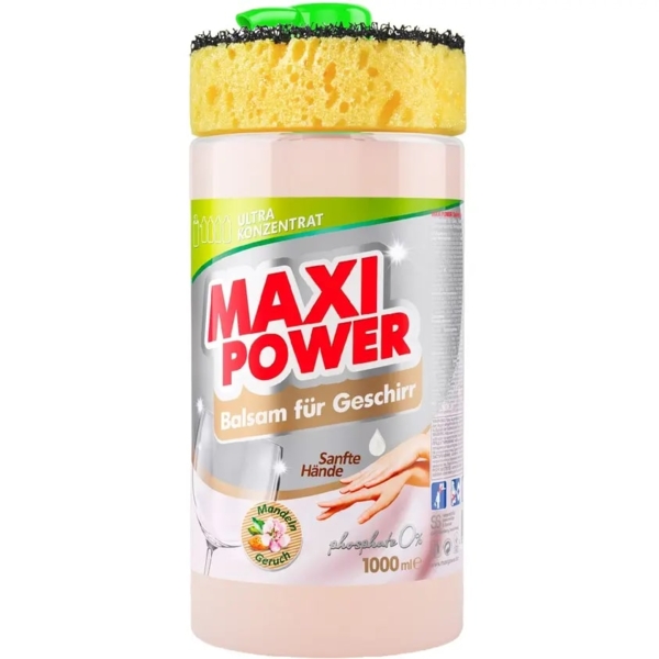 Засіб-бальзам для миття посуду Maxi Power Мигдаль з губкою, 1 л - Pampik