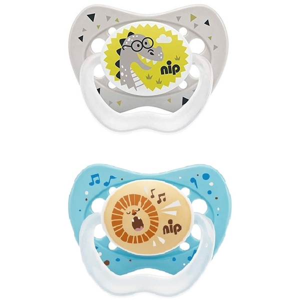 Силиконовая пустышка Nip Замечательная жизнь №3 Лев и Дино, 16-32 мес., синий с серым, 2 шт. (31303) - Pampik