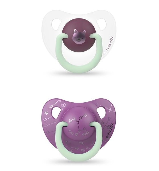 Пустышка анатомическая Suavinex Котик, 6-18 мес., ночная, фиолетовый с белым, 2 шт. (306805) - Pampik