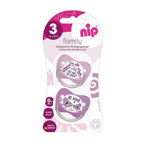 Пустушка Nip Моя сім'я № 3, силіконова, 16-32 міс., 2 шт., бузковий з рожевим (31005) - Pampik