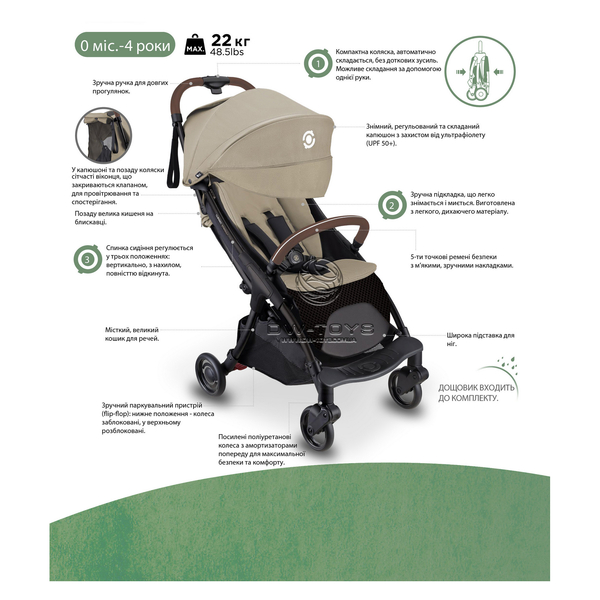 Коляска прогулянкова Globber Stroll.Lite, пісочний (925-304) - Pampik - 2