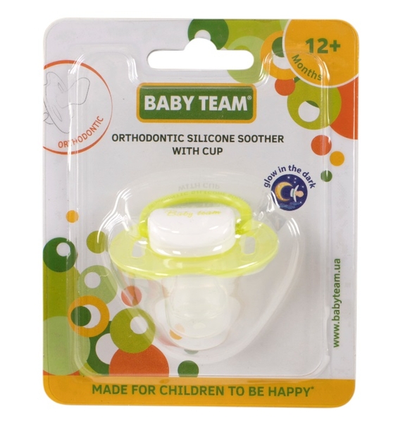 Пустушка силіконова Baby Team, ортодонтична, з ковпачком, нічна, 12+ міс., салатовий (3008) - Pampik - 4